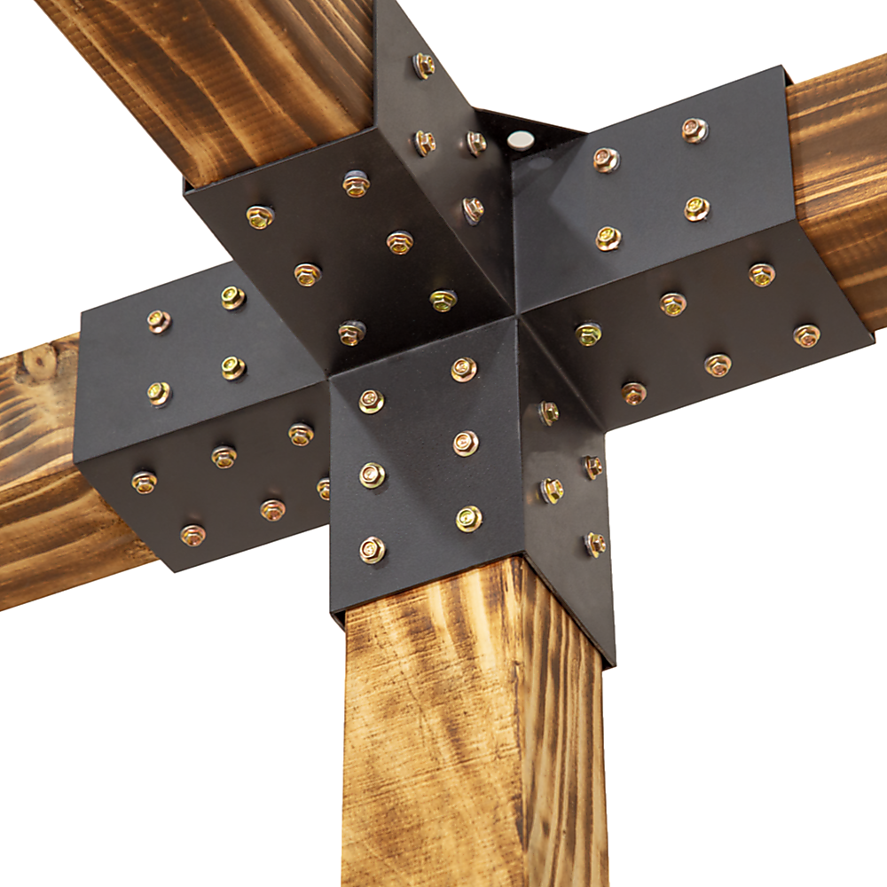 Close up of a single link top rafter bracket fixed to a pergola beam