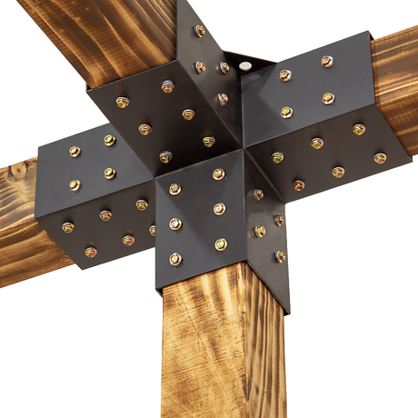 Close up of a single link top rafter bracket fixed to a pergola beam