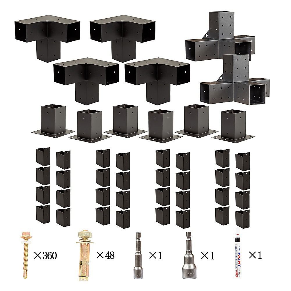 Four arm extension bracket joining beams over an intermediate pergola post