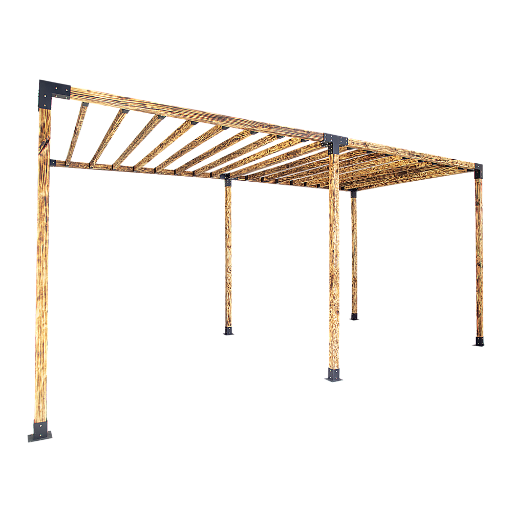 Post base bracket anchored to a concrete surface beneath a timber post