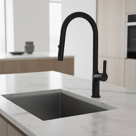 Pull out kitchen mixer tap in stainless steel with matte black finish