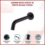 Matte black 220mm bath spout, side profile