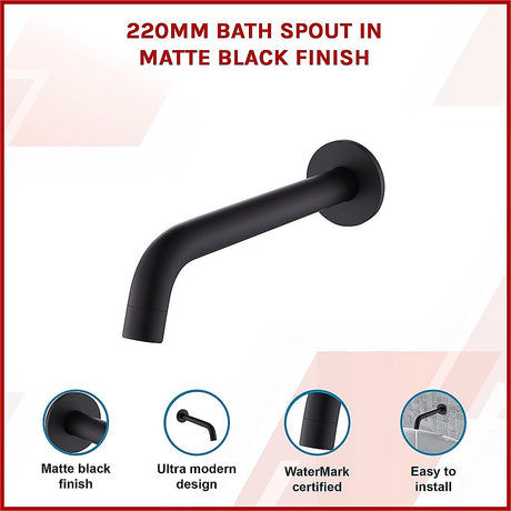 Matte black 220mm bath spout, side profile