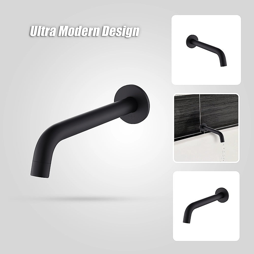 Matte black 220mm bath spout, close up finish
