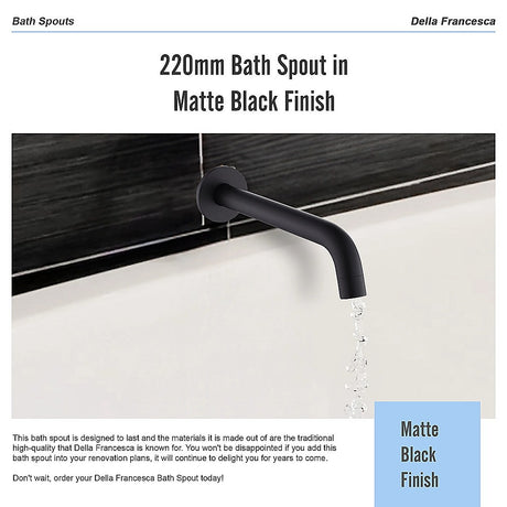 Matte black 220mm bath spout, installed in bathroom