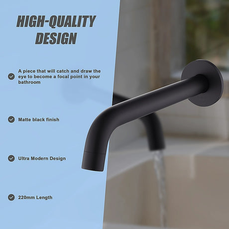 Matte black 220mm bath spout, detail view