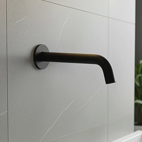Matte black 220mm bath spout, angled view