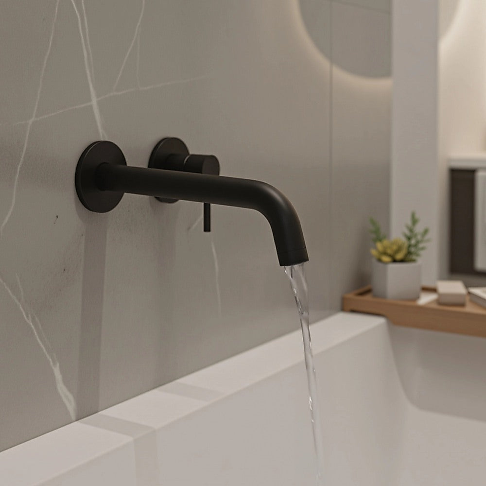 Matte black 220mm bath spout, front view