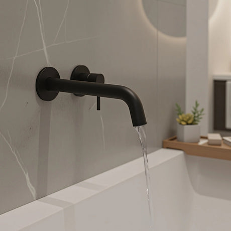 Matte black 220mm bath spout, front view