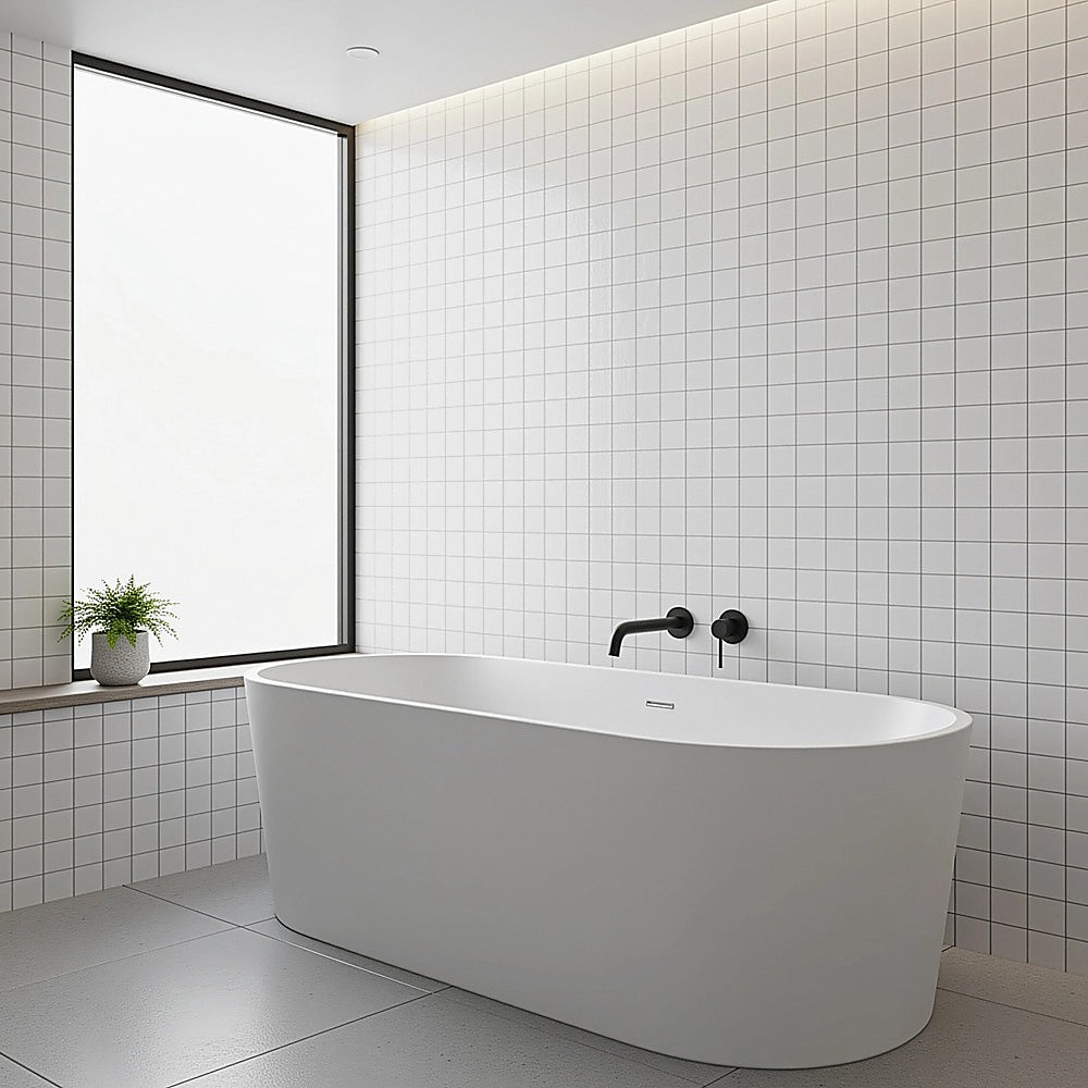 Matte black 220mm bath spout, wall flange detail