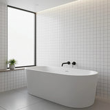 Matte black 220mm bath spout, wall flange detail