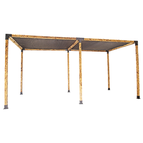 Large timber pergola built with twelve matte black brackets and two black screens