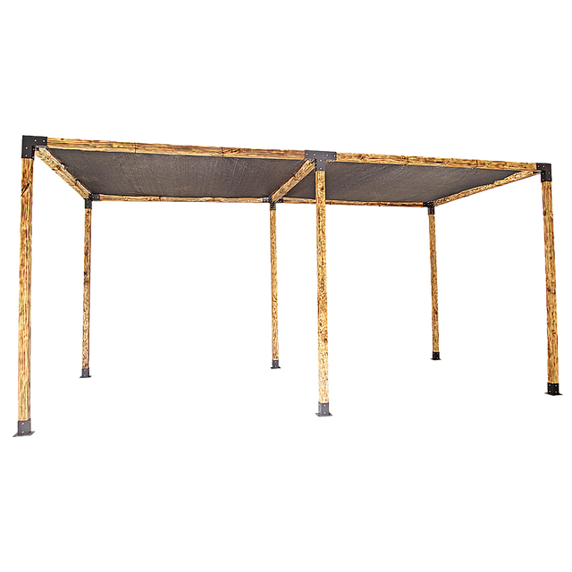 Large timber pergola built with twelve matte black brackets and two black screens