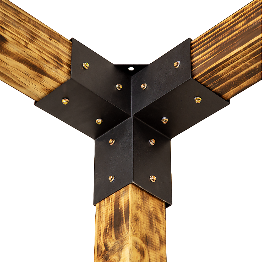 Three arm corner bracket connecting the post and beams at a pergola corner