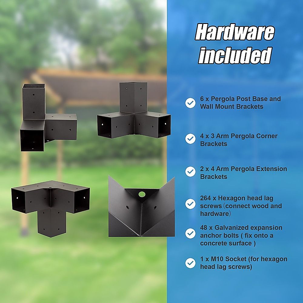 Detail of the matte black finish on a steel pergola extension bracket