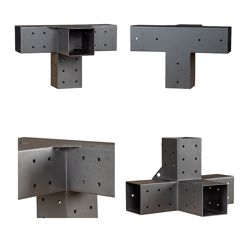 Underside view of the extended pergola roof frame and bracket connections