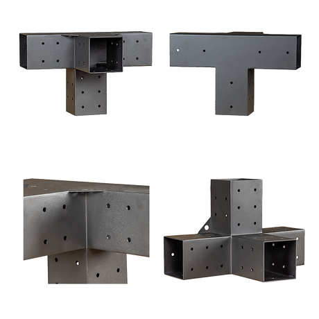 Underside view of the extended pergola roof frame and bracket connections