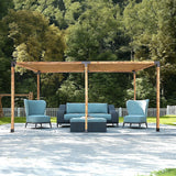 Twelve piece pergola bracket kit laid out with screws, bolts and sockets