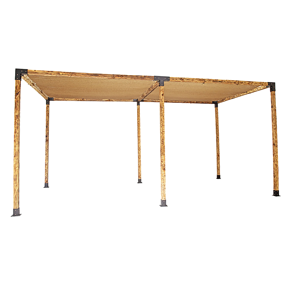 Large timber pergola built with twelve black brackets and two coffee screens
