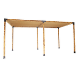 Large timber pergola built with twelve black brackets and two coffee screens