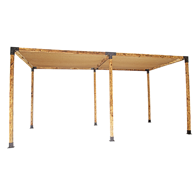 Large timber pergola built with twelve black brackets and two coffee screens