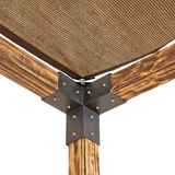 Three arm corner bracket connecting the post and beams at a pergola corner
