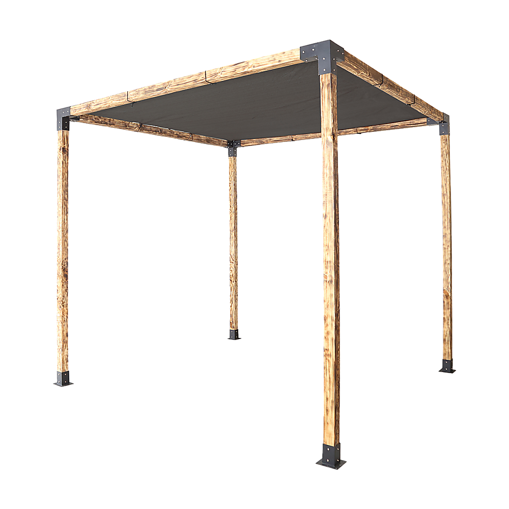 Timber pergola built with matte black steel brackets and a black sunshade screen