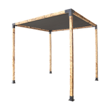 Timber pergola built with matte black steel brackets and a black sunshade screen