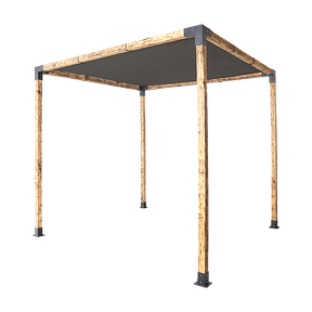 Timber pergola built with matte black steel brackets and a black sunshade screen