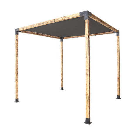 Timber pergola built with matte black steel brackets and a black sunshade screen