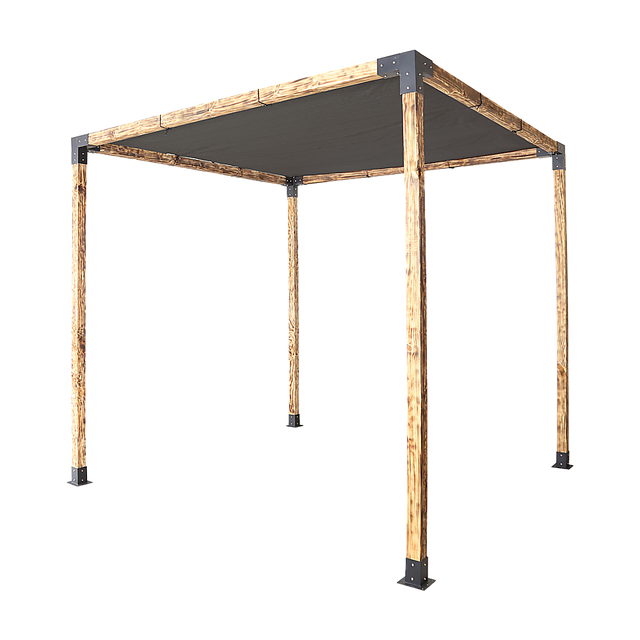 Timber pergola built with matte black steel brackets and a black sunshade screen