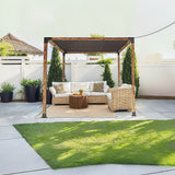 Full eight piece pergola bracket kit laid out with screws, bolts and sockets