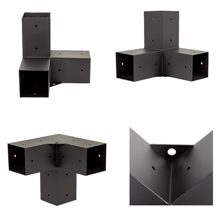 Detail of the matte black finish on a steel pergola corner bracket