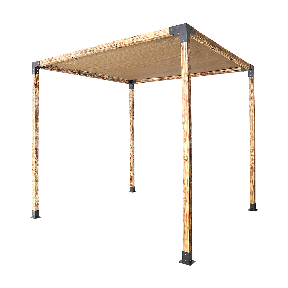 Timber pergola built with matte black steel brackets and a coffee sunshade screen