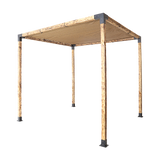 Timber pergola built with matte black steel brackets and a coffee sunshade screen