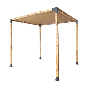 Timber pergola built with matte black steel brackets and a coffee sunshade screen