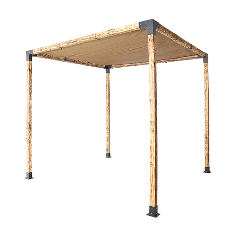 Timber pergola built with matte black steel brackets and a coffee sunshade screen