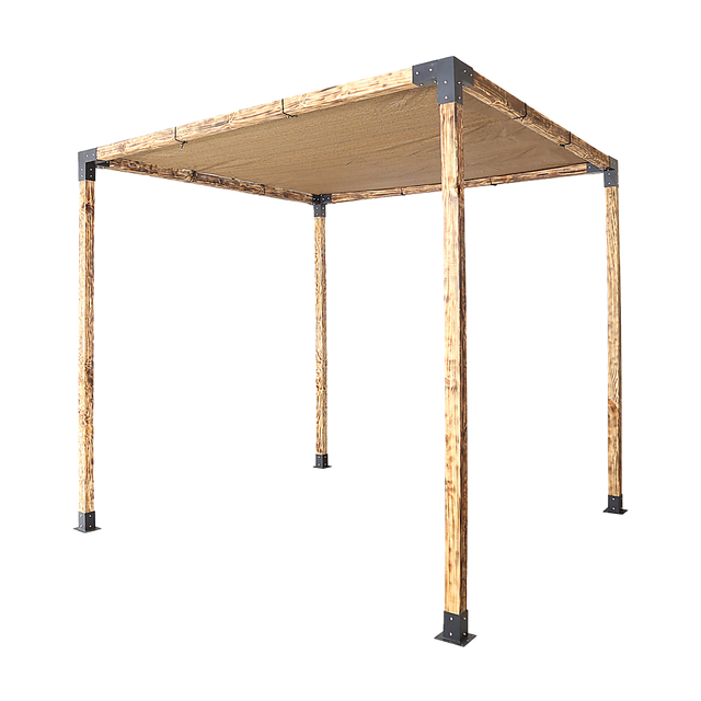 Timber pergola built with matte black steel brackets and a coffee sunshade screen