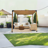 Eight piece pergola bracket kit laid out with screws, anchor bolts and sockets