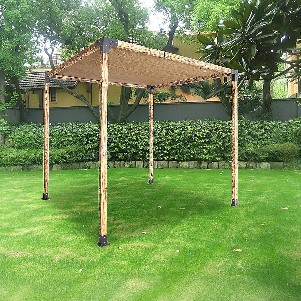 Coffee coloured sunshade screen of 3 x 3 m stretched across the pergola roof