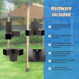 Detail of the matte black finish on a steel pergola corner bracket