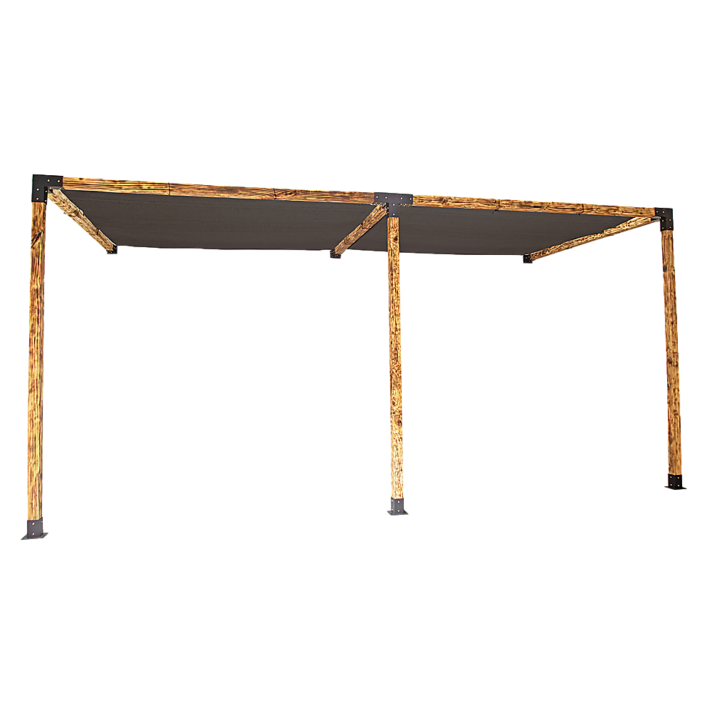 Wall mounted timber pergola built with matte black brackets and black screens
