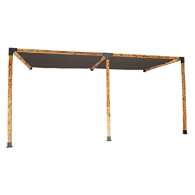 Wall mounted timber pergola built with matte black brackets and black screens