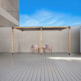 Nine piece pergola bracket kit laid out with screws, anchor bolts and sockets