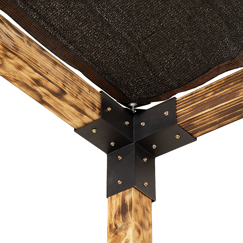 Four arm extension bracket joining beams over a mid span pergola post