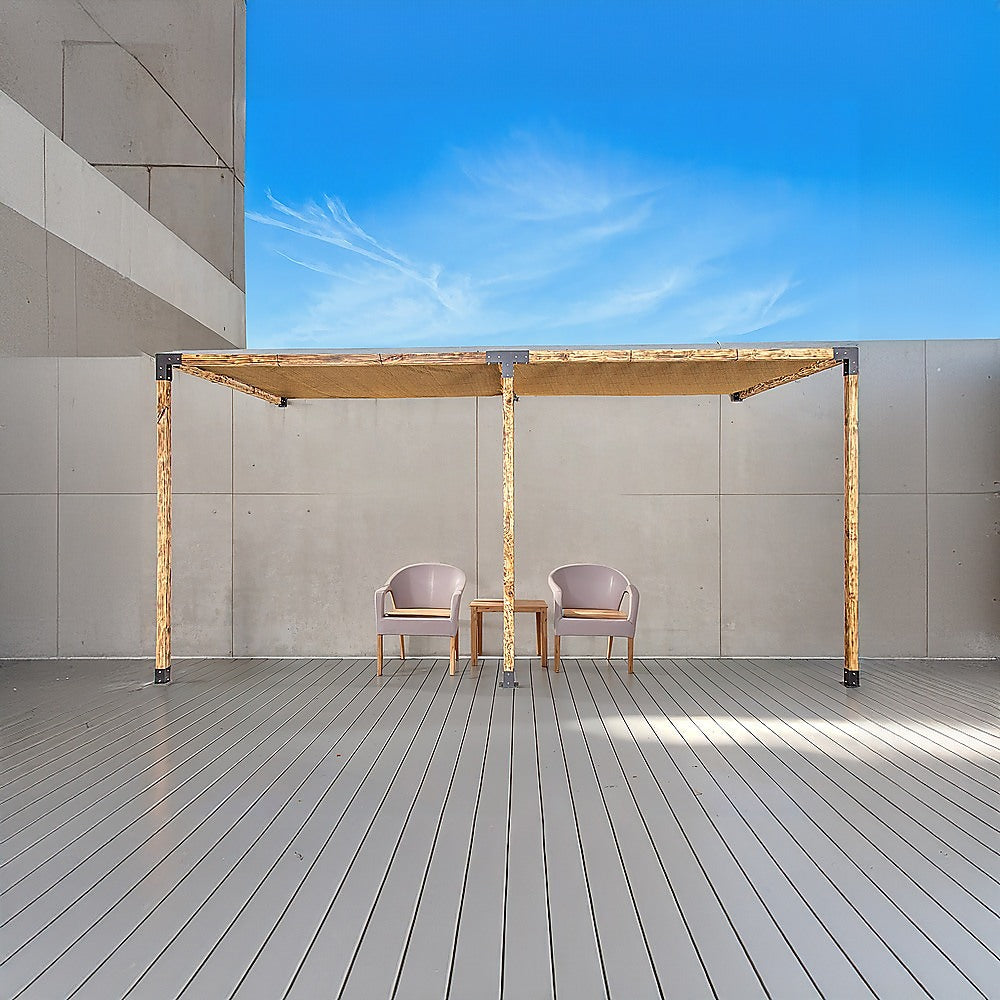 Nine piece pergola bracket kit laid out with screws, anchor bolts and sockets