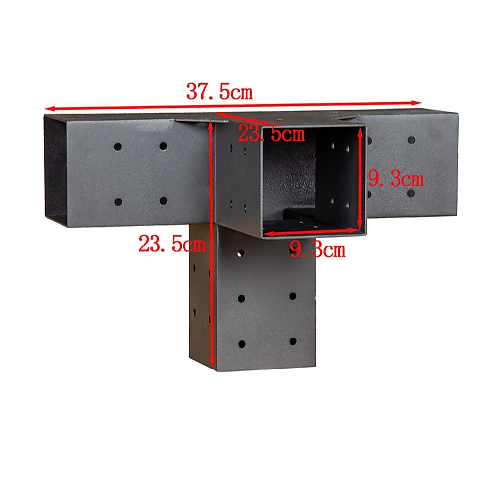 Underside view of the wall mounted pergola roof frame and bracket joints
