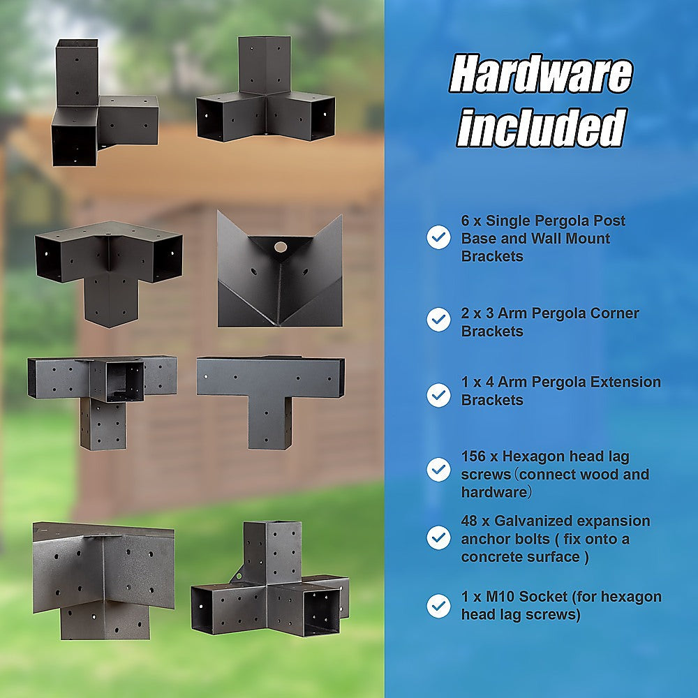 Step by step illustration of mounting the pergola brackets to a wall