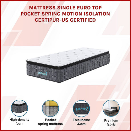 Euro top pocket spring mattress, 33cm single