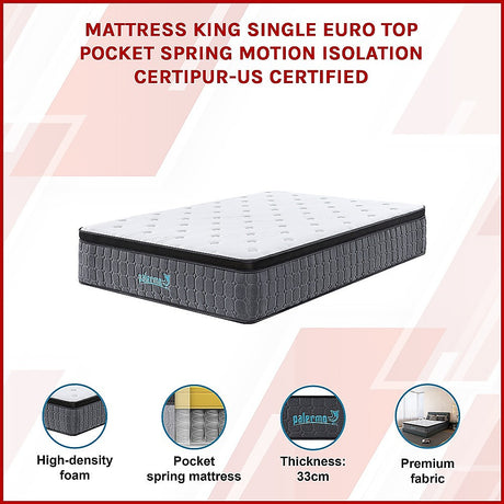 Euro top pocket spring mattress, 33cm king single